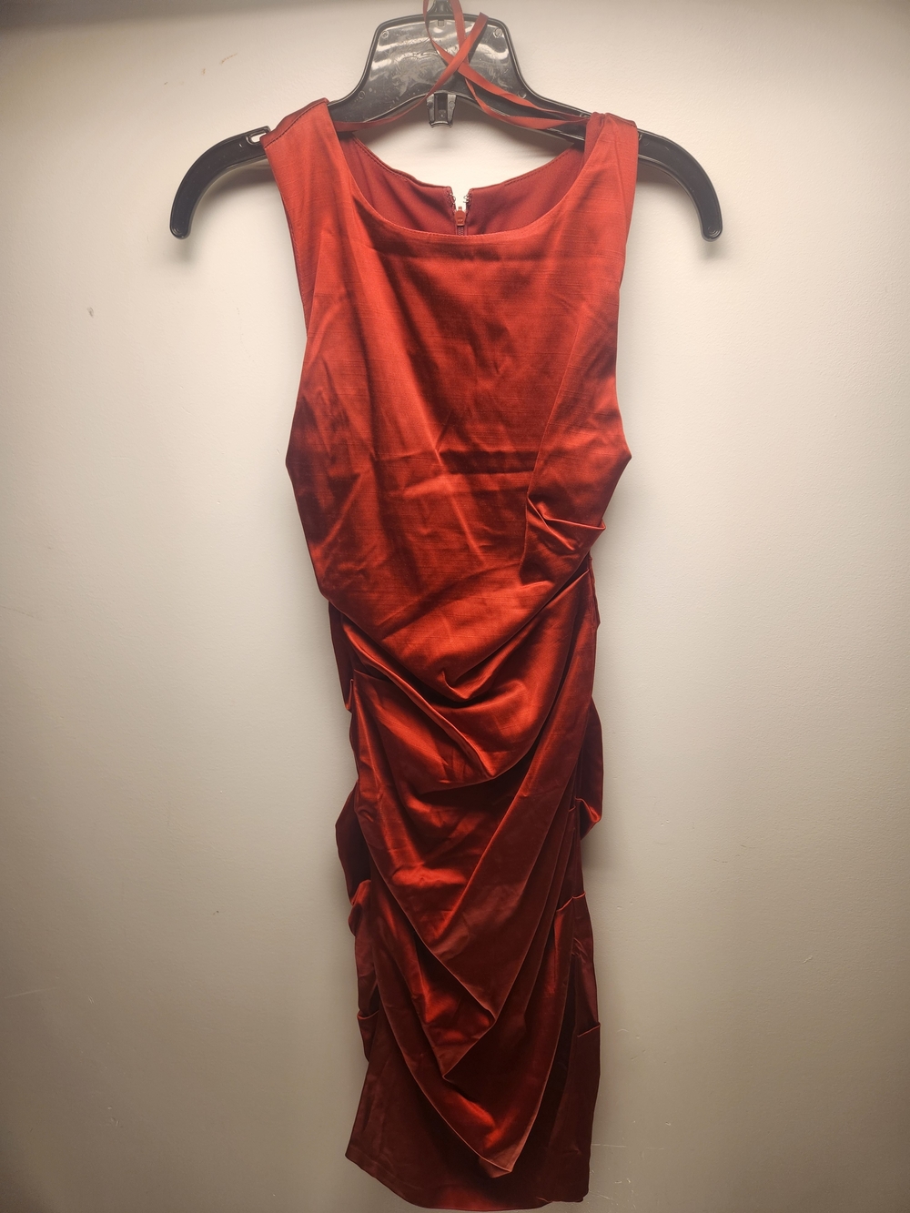 Red Satin Ruched Sheath Dress